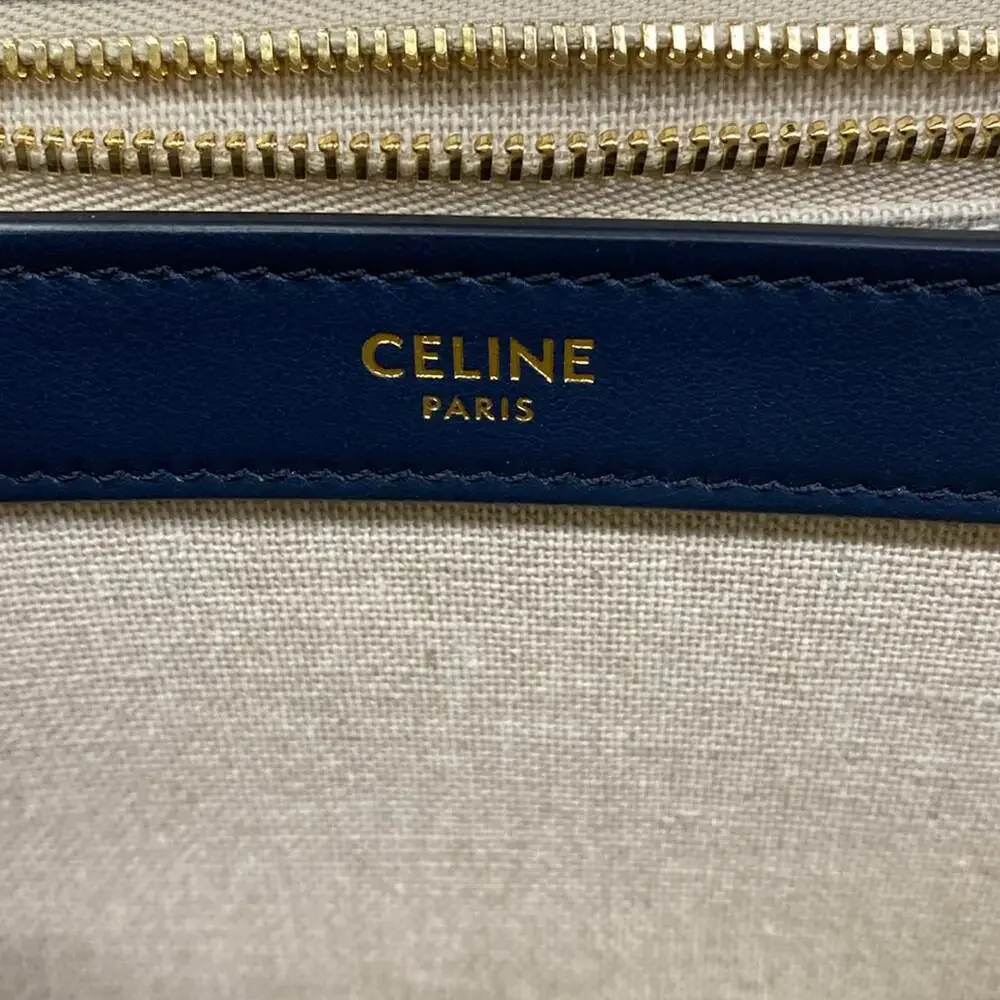 Celine Teen Soft 16 (Seau) Shoulder Bag 196852DJ9.01NA Beige Navy Fabric Leather